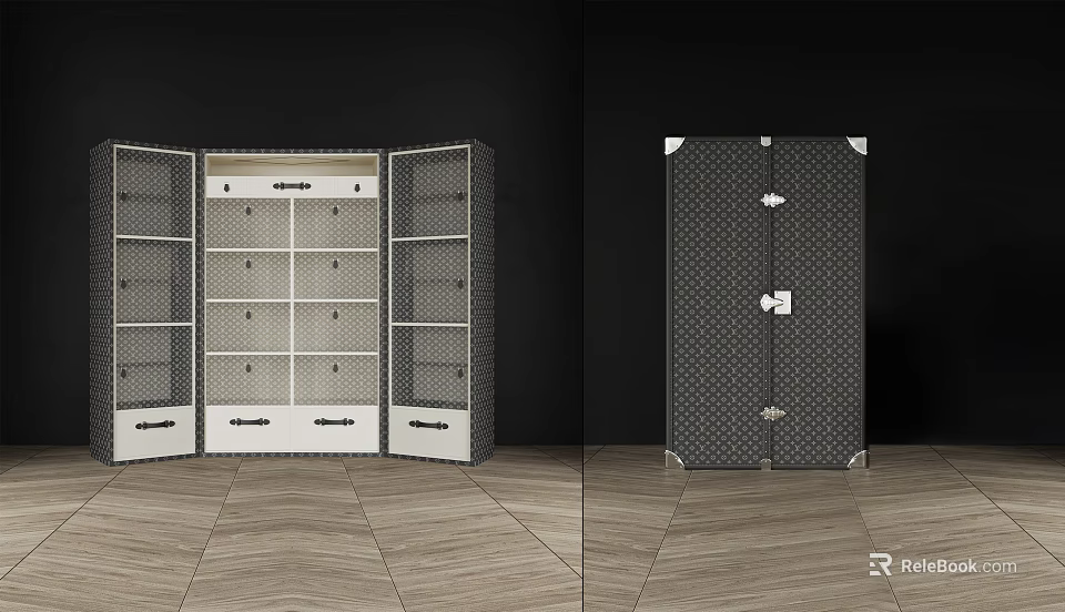 Modern Storage Cabinet With Shelves Drawers And Textured Black White Design 3d model 
