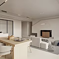 Modern Living Dining Room With Floor to Ceiling Windows River View White Sofa Wooden Cabinets