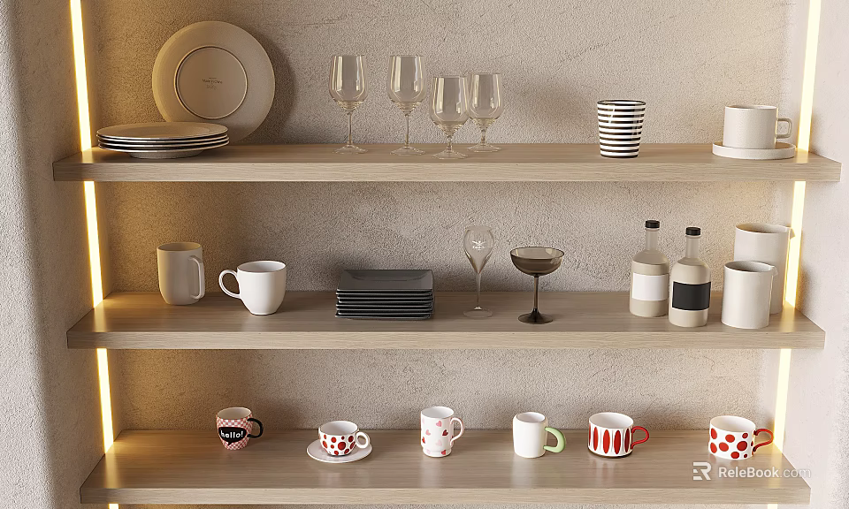 Cups And Mugs With Various Designs On Kitchen Shelf Alongside Plates And Glasses 3d model 