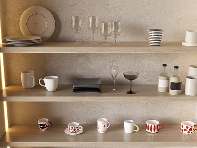 Cups And Mugs With Various Designs On Kitchen Shelf Alongside Plates And Glasses 3d model