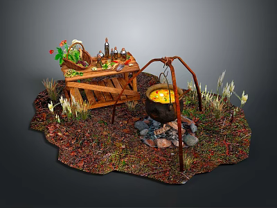 Outdoor Cooking Scene With Hanging Cauldron Wooden Table Bottles Flowers And Grass 3d model