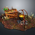 Outdoor Cooking Scene With Hanging Cauldron Wooden Table Bottles Flowers And Grass