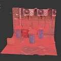 Different Colored Trash Bins And Wall Mounted Fans Near Brick Wall On Ground With Rubbish