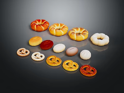 Assorted Fresh Breads and Pastries Including Donuts Pretzels and Rolls with Various Shapes 3d model