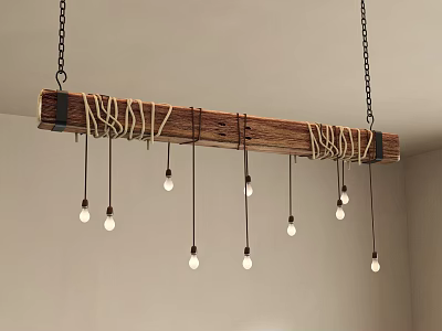 Rustic Wooden Beam Chandelier With Jute Rope And Multiple Hanging Bulbs 3d model