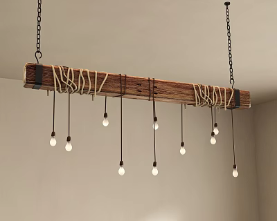 Rustic Wooden Beam Chandelier With Jute Rope And Multiple Hanging Bulbs 3d model