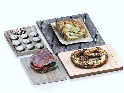 Assorted Delicious Food Selection Featuring Cookies Square Bread Sandwich And Pretzel On Wooden Boards 3d model