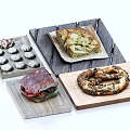 Assorted Delicious Food Selection Featuring Cookies Square Bread Sandwich And Pretzel On Wooden Boards