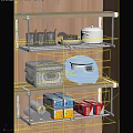 Organized Kitchen Interior With White Rice Cookers And Wooden Shelves Storage