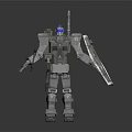 Mechanical Robot Character With Silver Metallic Armor And Weapon Standing On Dark Reflective Surface 3d model