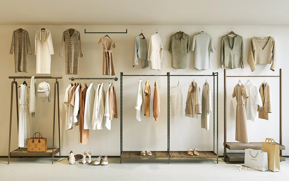Clothes Hangers Displaying Neutral Tones Dresses Shirts And Coats In Retail Boutique 3d model 