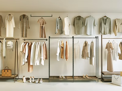 Clothes Hangers Displaying Neutral Tones Dresses Shirts And Coats In Retail Boutique 3d model