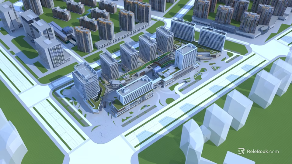 Modern Office Building Complex Featuring High Rise Structures And Green Landscaping Design 3d model 