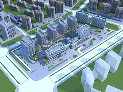 Modern Office Building Complex Featuring High Rise Structures And Green Landscaping Design 3d model