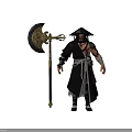 Muscular Warrior In Black Robe With Conical Hat Holding Large Axe With Golden Patterns 3d model