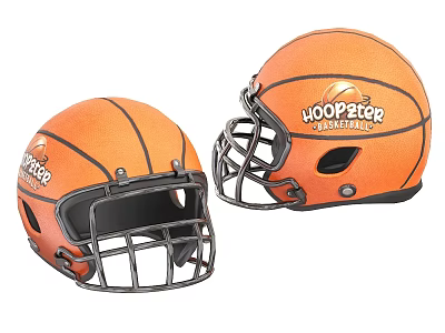 Sports Equipment With Orange Basketball Shaped Football Helmets Featuring WOOPETER Logo 3d model