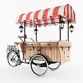 Functional Tricycle Utility Cart With Red And White Striped Canopy Wooden Carriage And Lanterns