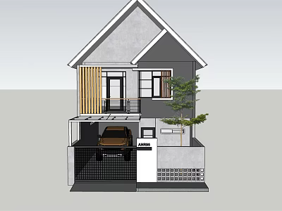 Modern Detached House Exterior With Garage Car Balcony And Tree Landscaping 3d model