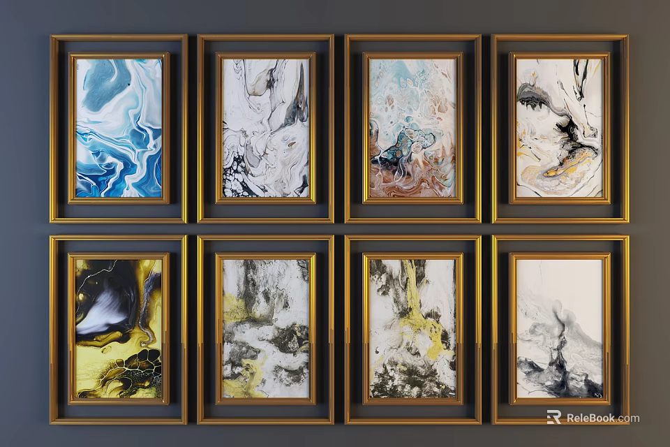 Set of Eight Abstract Paintings in Golden Frames with Colorful Swirl Patterns 3d model 