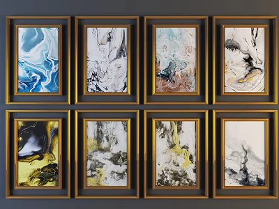 Set of Eight Abstract Paintings in Golden Frames with Colorful Swirl Patterns 3d model