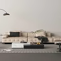 Beige Sectional Sofa With Black Cushions Coffee Table Set Decorative Plant Floor Lamp And Rug