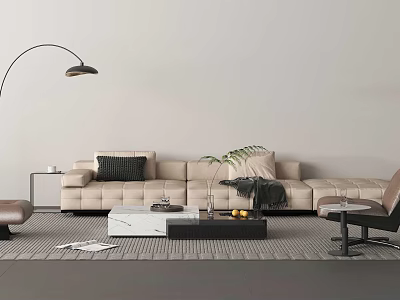 Beige Sectional Sofa With Black Cushions Coffee Table Set Decorative Plant Floor Lamp And Rug 3d model