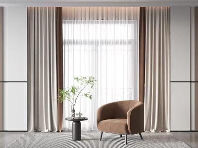 Soft Beige Curtains In Living Room With Window Armchair Small Table And Plant 3d model