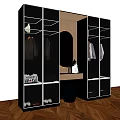 Modern Wardrobe Interior With Oval Mirror Open Shelves Hanging Clothes And Shoe Storage