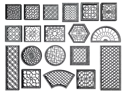 Traditional Lattice Windows With Various Ornate Decorative Patterns And Different Shapes 3d model