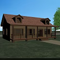 Wooden House With Brown Tile Roof Front Porch Railings Windows And Green Grass