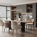 Modern Restaurant Interior With Round Dining Table Beige Brown Chairs Marble Wall And Gray Cabinets