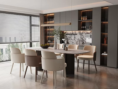 Modern Restaurant Interior With Round Dining Table Beige Brown Chairs Marble Wall And Gray Cabinets 3d model