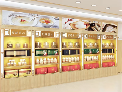 Wooden Display Shelves for Showcasing Food Products with Various Packages in Store and Decorative Posters 3d model