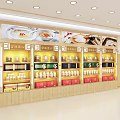 Wooden Display Shelves for Showcasing Food Products with Various Packages in Store and Decorative Posters