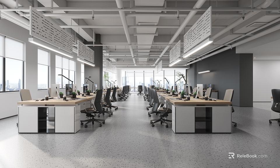 Modern Public Office Space Featuring Open Layout Long Desks Computers Office Chairs and Large Windows 3d model 
