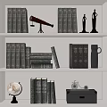 Classic Bookshelf Display With Leather Bound Books Globe Telescope Statues And Vintage Trunk