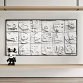 Wooden Framed Black White Geometric Abstract Collage Art with Lower Shelf Black Cartoon Figure