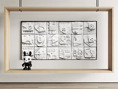 Wooden Framed Black White Geometric Abstract Collage Art with Lower Shelf Black Cartoon Figure 3d model