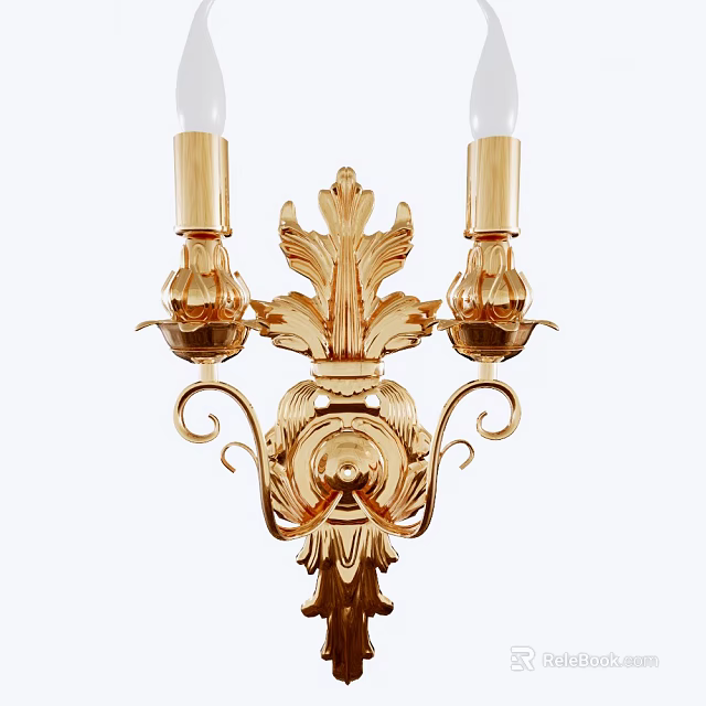 Ornate Golden Wall Sconce with Intricate Leaf Design and Two Lights 3d model 