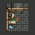 Medieval Kitchen Scene With Stone Walls Wooden Frames Table Chair Cauldron Shelf And Stone Tiles