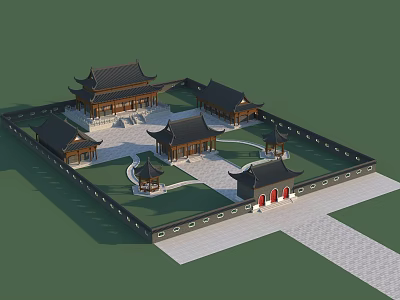 Traditional Ancient Chinese Architecture Complex Featuring Curved Eaves Courtyard And Red Gates 3d model