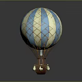 Decorative Blue And White Striped Hot Air Balloon With Grid Design And Brown Basket