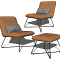Orange Leisure Chair with Checkered Pillow Black Metal Legs and Orange Ottoman