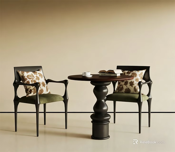 Modern Dining Table Set With Round Top Black Base Two Chairs Green Cushions Patterned Pillows 3d model 