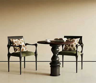 Modern Dining Table Set With Round Top Black Base Two Chairs Green Cushions Patterned Pillows 3d model