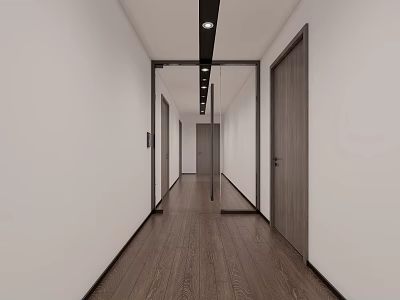 Elevator Hallway Featuring White Walls Side Doors Dark Wooden Flooring And Modern Ceiling Lights 3d model