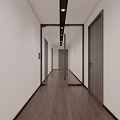 Elevator Hallway Featuring White Walls Side Doors Dark Wooden Flooring And Modern Ceiling Lights