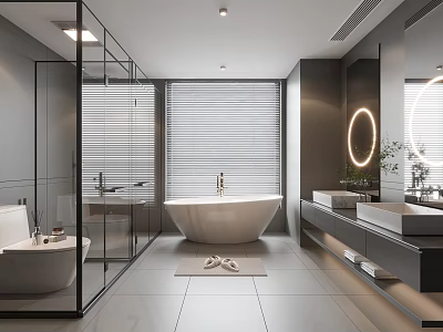 Modern Bathroom Interior Design With White Bathtub Large Window Blinds Double Vanities And Round Mirrors 3d model