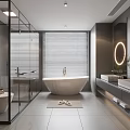 Modern Bathroom Interior Design With White Bathtub Large Window Blinds Double Vanities And Round Mirrors