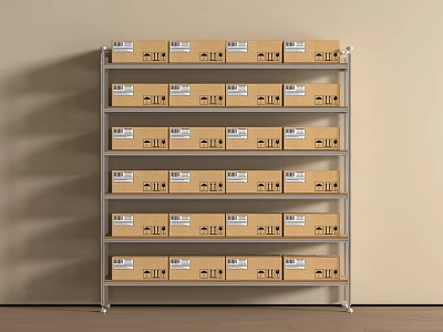 Metal Shelving Unit With Multiple Layers Holding Labeled Cardboard Boxes 3d model